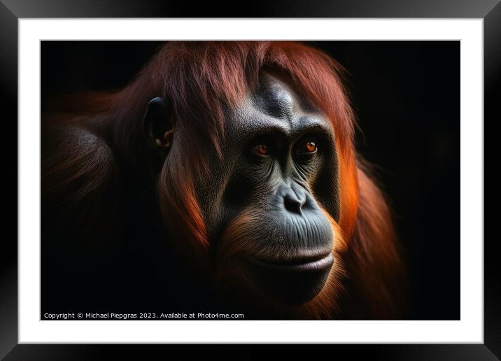 Close up view of an orang utan against a dark background created Framed Mounted Print by Michael Piepgras