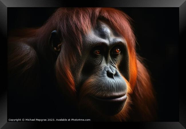 Close up view of an orang utan against a dark background created Framed Print by Michael Piepgras