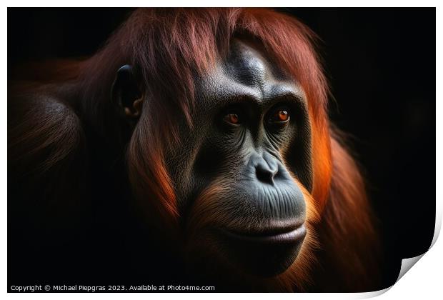 Close up view of an orang utan against a dark background created Print by Michael Piepgras