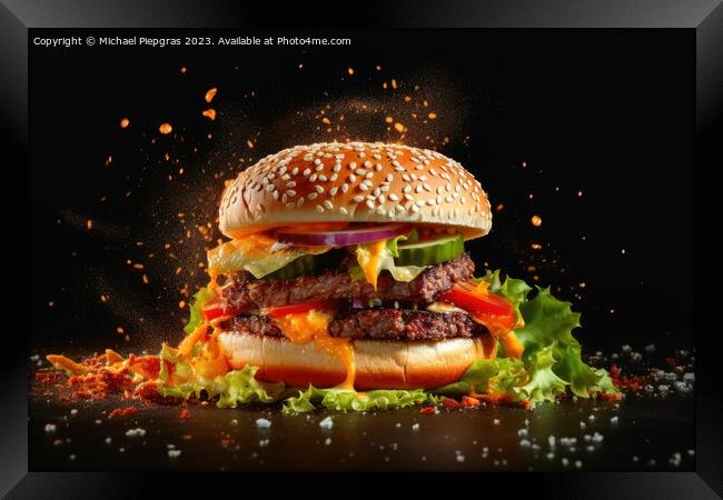 Exploding burger on a dark background created with generative AI Framed Print by Michael Piepgras
