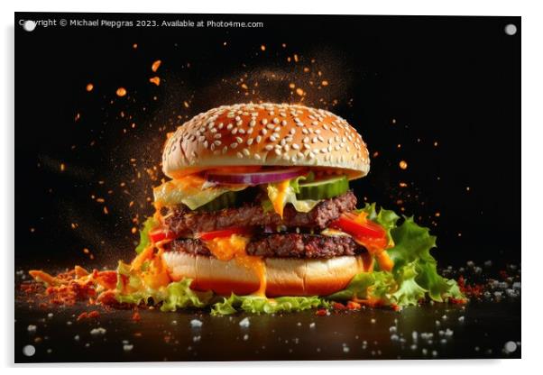 Exploding burger on a dark background created with generative AI Acrylic by Michael Piepgras