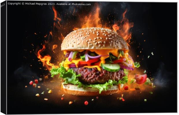 Exploding burger on a dark background created with generative AI Canvas Print by Michael Piepgras