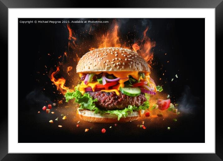 Exploding burger on a dark background created with generative AI Framed Mounted Print by Michael Piepgras