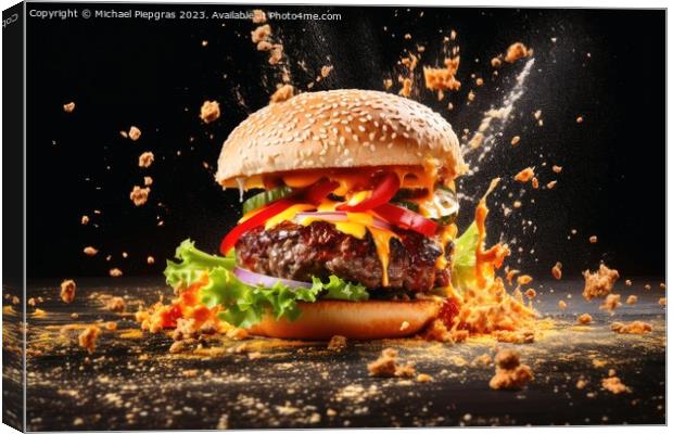 Exploding burger on a dark background created with generative AI Canvas Print by Michael Piepgras