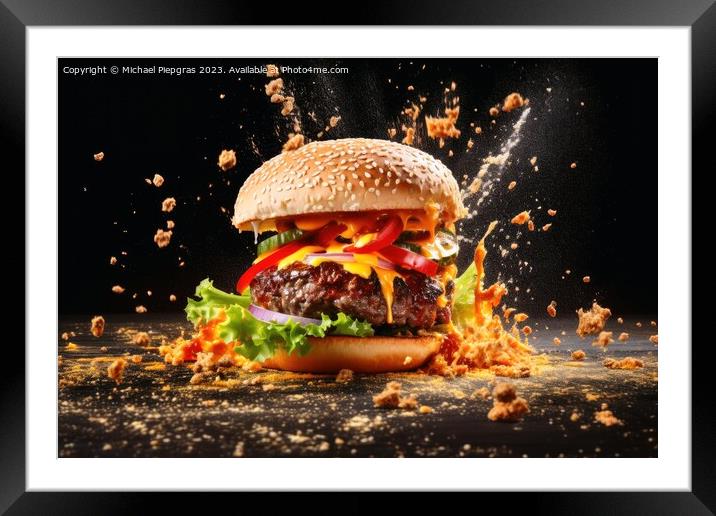 Exploding burger on a dark background created with generative AI Framed Mounted Print by Michael Piepgras