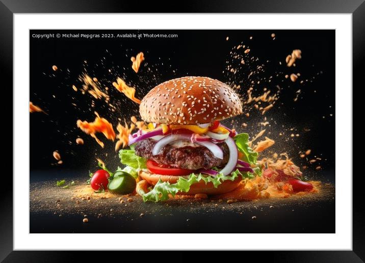 Exploding burger on a dark background created with generative AI Framed Mounted Print by Michael Piepgras