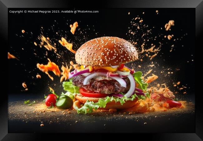 Exploding burger on a dark background created with generative AI Framed Print by Michael Piepgras