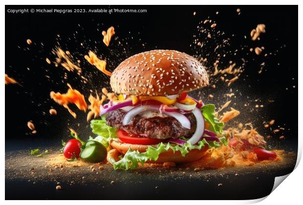 Exploding burger on a dark background created with generative AI Print by Michael Piepgras