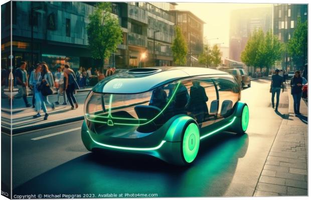 Futuristic electric car in a green city created with generative  Canvas Print by Michael Piepgras