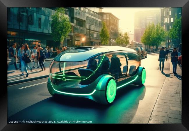 Futuristic electric car in a green city created with generative  Framed Print by Michael Piepgras
