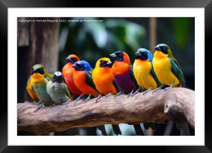 Many colourful different tropical birds sitting together on a br Framed Mounted Print by Michael Piepgras