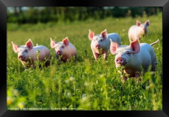 Pigs on a green meadow on a farm created with generative AI tech Framed Print by Michael Piepgras