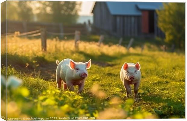 Pigs on a green meadow on a farm created with generative AI tech Canvas Print by Michael Piepgras