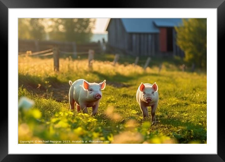 Pigs on a green meadow on a farm created with generative AI tech Framed Mounted Print by Michael Piepgras