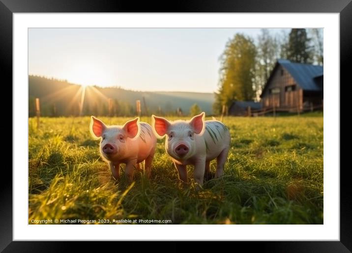 Pigs on a green meadow on a farm created with generative AI tech Framed Mounted Print by Michael Piepgras