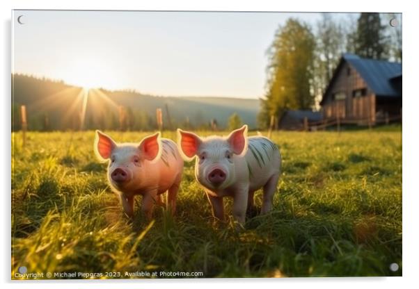 Pigs on a green meadow on a farm created with generative AI tech Acrylic by Michael Piepgras