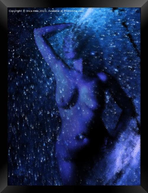 Frosted Blue Nude Surrounded by Stars Framed Print by Inca Kala