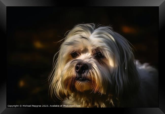 Portrait of a cute Malteser dog created with generative AI techn Framed Print by Michael Piepgras