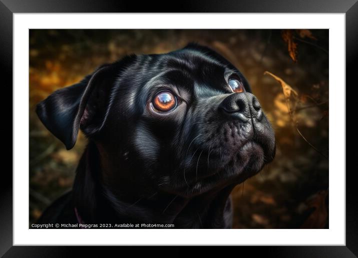 Portrait of a cute pug dog created with generative AI technology Framed Mounted Print by Michael Piepgras