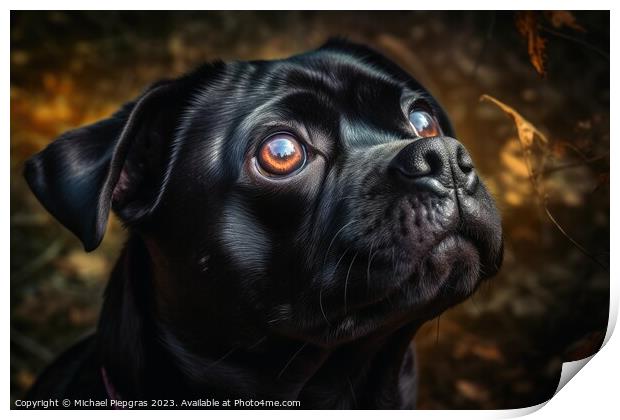 Portrait of a cute pug dog created with generative AI technology Print by Michael Piepgras