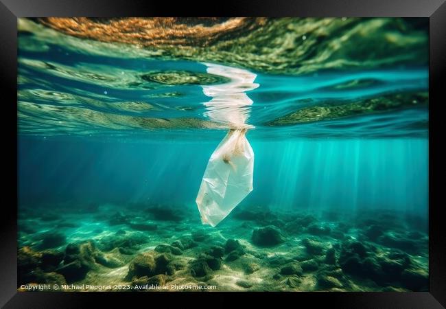 Single plastic waste bag under water in the ocean created with g Framed Print by Michael Piepgras