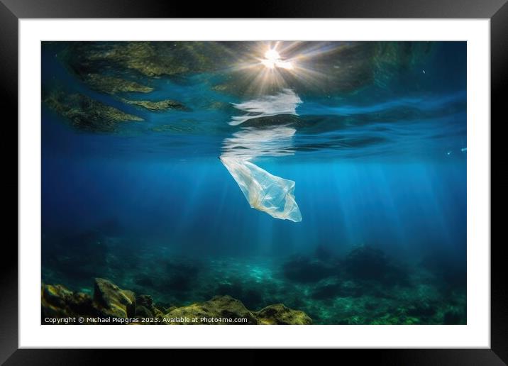 Single plastic waste bag under water in the ocean created with g Framed Mounted Print by Michael Piepgras