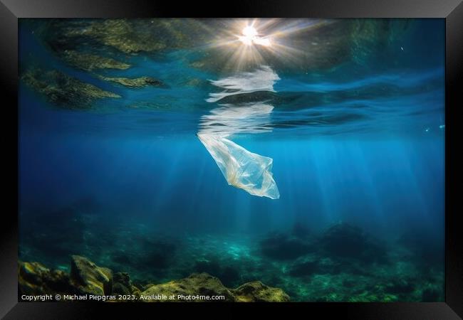 Single plastic waste bag under water in the ocean created with g Framed Print by Michael Piepgras