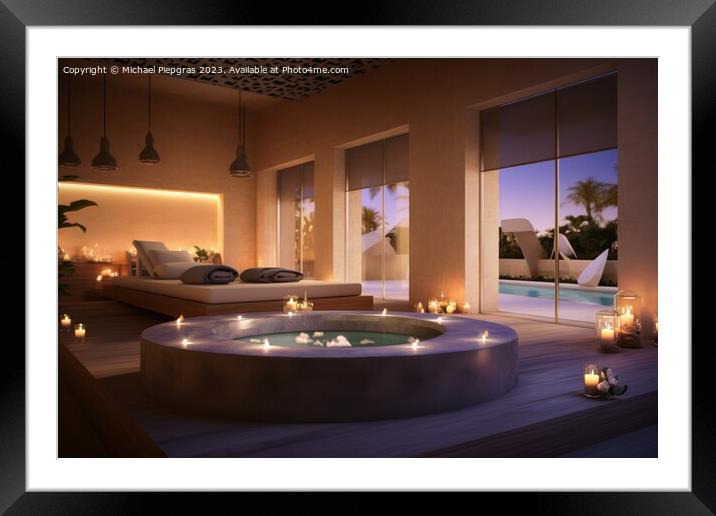 Spa area with candles and water created with generative AI techn Framed Mounted Print by Michael Piepgras