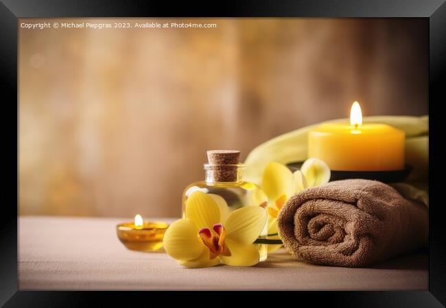 Spa towel and candle concept created with generative AI technolo Framed Print by Michael Piepgras