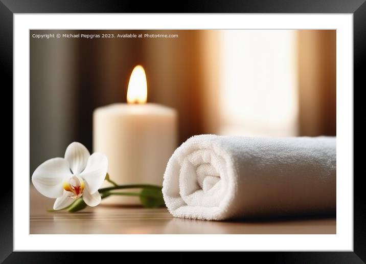 Spa towel and candle concept created with generative AI technolo Framed Mounted Print by Michael Piepgras