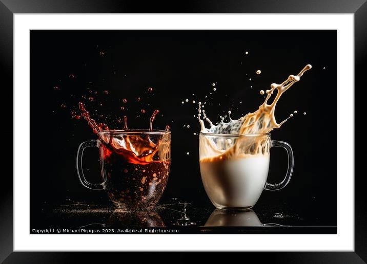 Splashing Coffee and Milk created with generative AI technology. Framed Mounted Print by Michael Piepgras