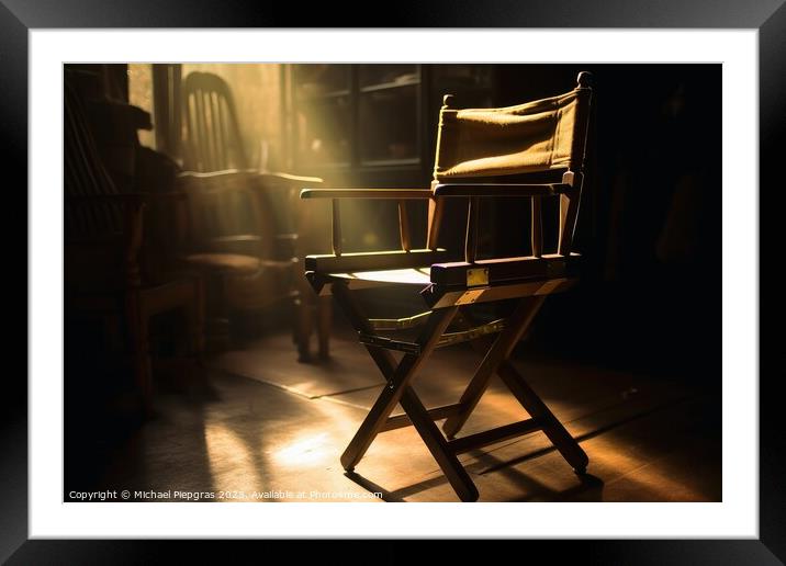 The Chair of a filming director in a ray of light created with g Framed Mounted Print by Michael Piepgras