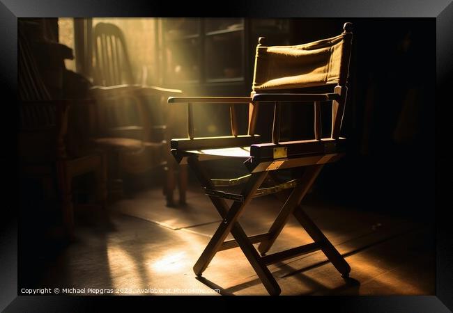 The Chair of a filming director in a ray of light created with g Framed Print by Michael Piepgras