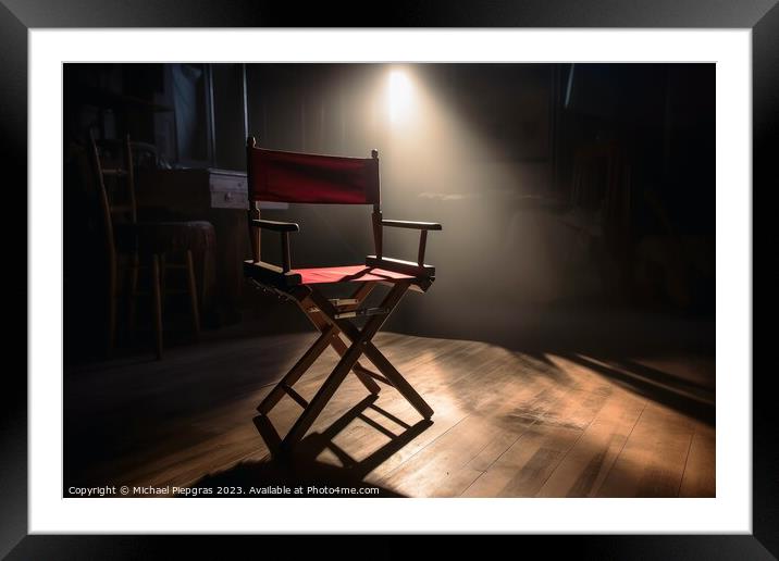 The Chair of a filming director in a ray of light created with g Framed Mounted Print by Michael Piepgras