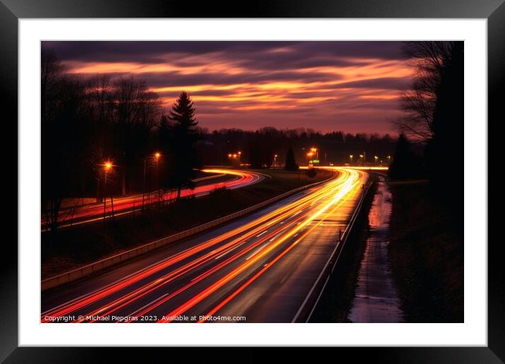 Traces of light in traffic created with generative AI technology Framed Mounted Print by Michael Piepgras
