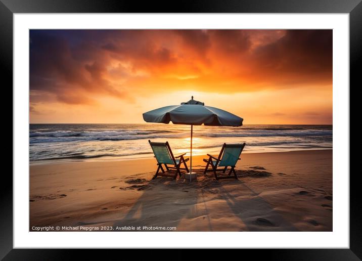 Two beach chairs and a little table with a colorful parasol dire Framed Mounted Print by Michael Piepgras