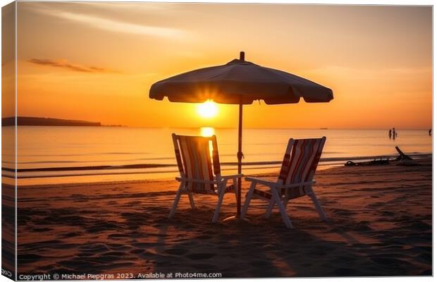Two beach chairs and a little table with a colorful parasol dire Canvas Print by Michael Piepgras