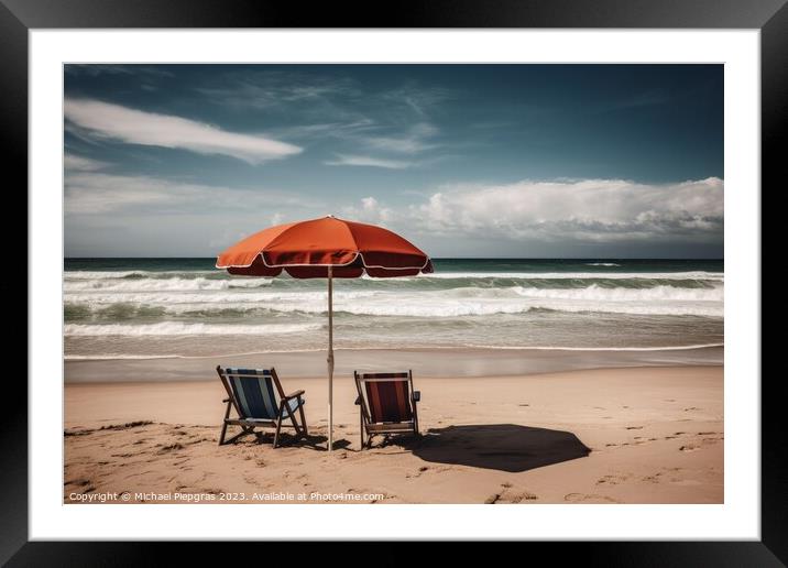 Two beach chairs with a parasol directly on the beach created wi Framed Mounted Print by Michael Piepgras