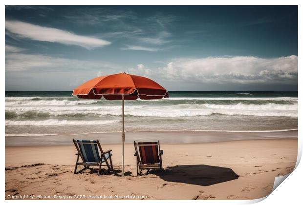 Two beach chairs with a parasol directly on the beach created wi Print by Michael Piepgras