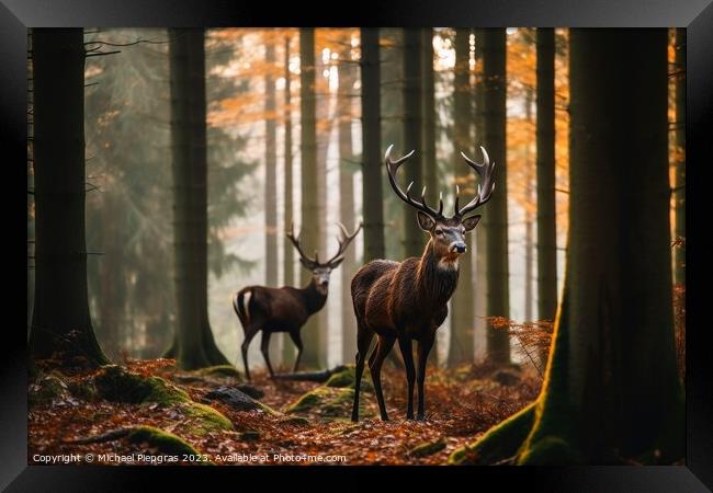 Wild deer in a forest created with generative AI technology. Framed Print by Michael Piepgras
