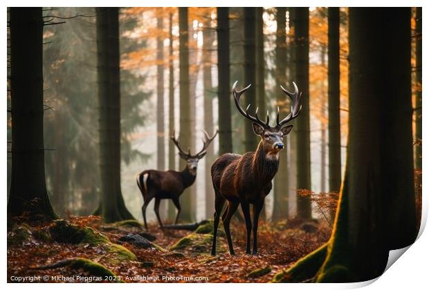 Wild deer in a forest created with generative AI technology. Print by Michael Piepgras