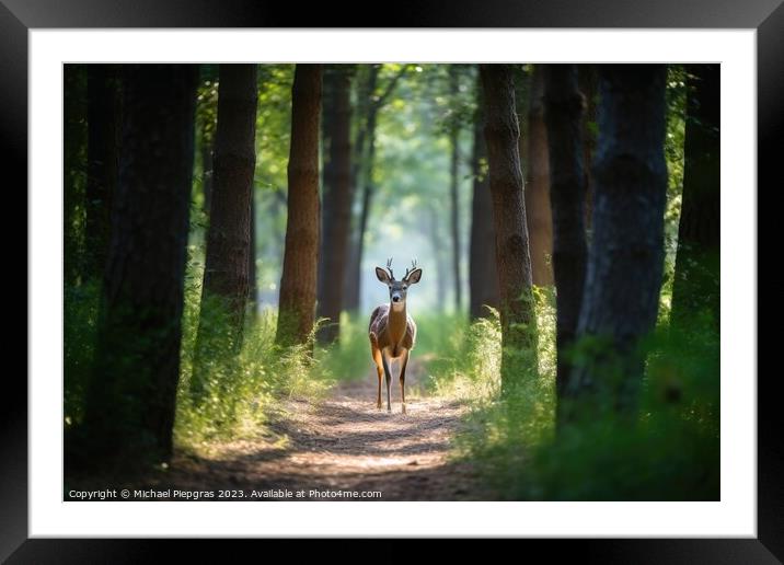 Wild deer in a forest created with generative AI technology. Framed Mounted Print by Michael Piepgras