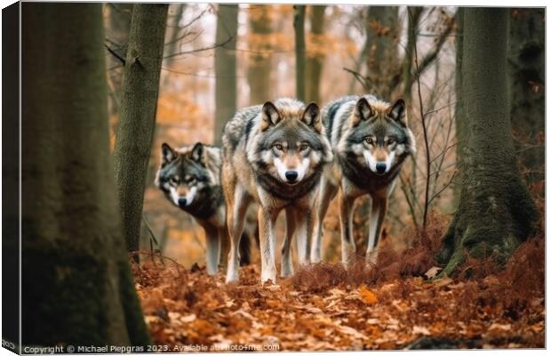 Wild wolves in a forest created with generative AI technology. Canvas Print by Michael Piepgras