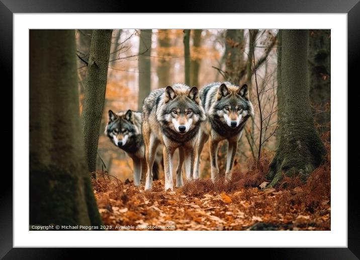 Wild wolves in a forest created with generative AI technology. Framed Mounted Print by Michael Piepgras