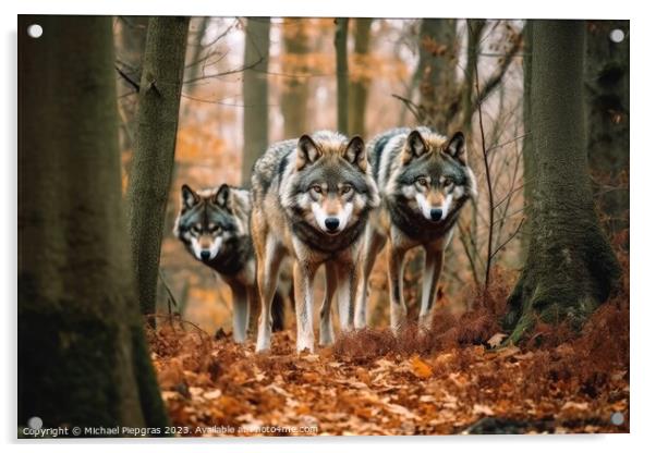 Wild wolves in a forest created with generative AI technology. Acrylic by Michael Piepgras