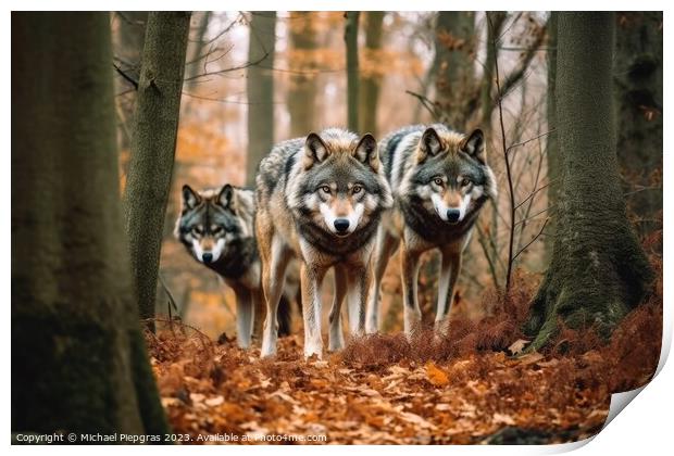 Wild wolves in a forest created with generative AI technology. Print by Michael Piepgras