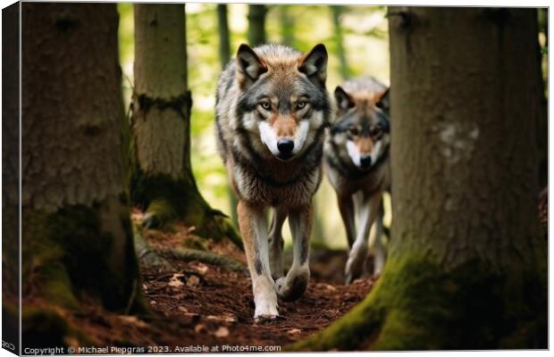 Wild wolves in a forest created with generative AI technology. Canvas Print by Michael Piepgras