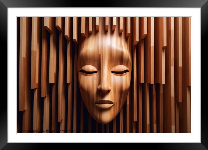 Wooden womans face sculpture created with generative AI technolo Framed Mounted Print by Michael Piepgras