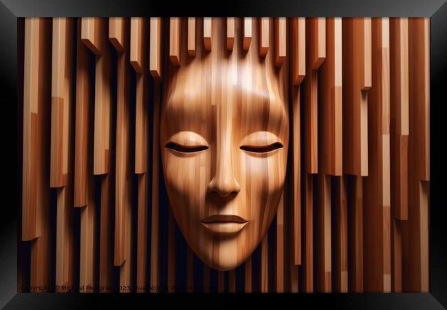 Wooden womans face sculpture created with generative AI technolo Framed Print by Michael Piepgras