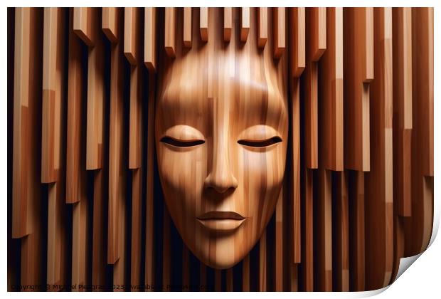 Wooden womans face sculpture created with generative AI technolo Print by Michael Piepgras
